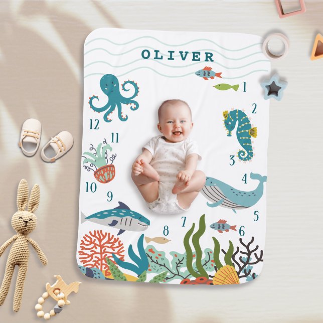Under the Sea Creatures Boy Milestone Baby Blanket (Creator Uploaded)