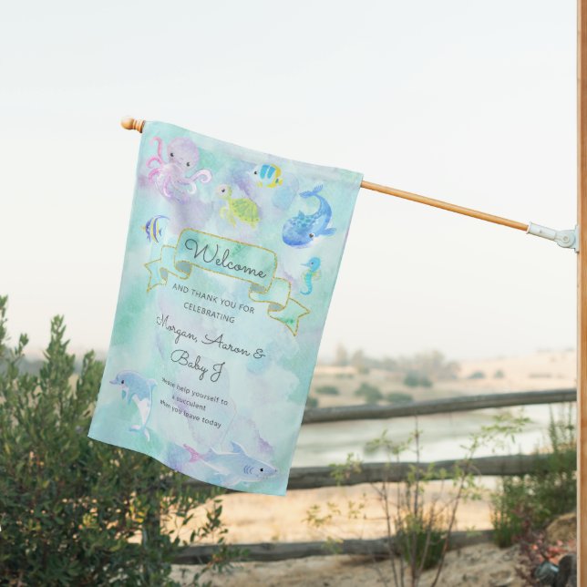 Under the Sea Creatures Cute Baby Shower House Flag (Insitu (Back))