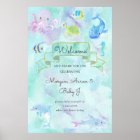 under the sea creatures cute baby shower poster
