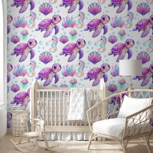 Under the sea creatures cute pink nursery decor wallpaper 