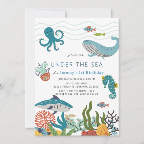 Under the Sea Creatures Marine Life 1st Birthday Invitation