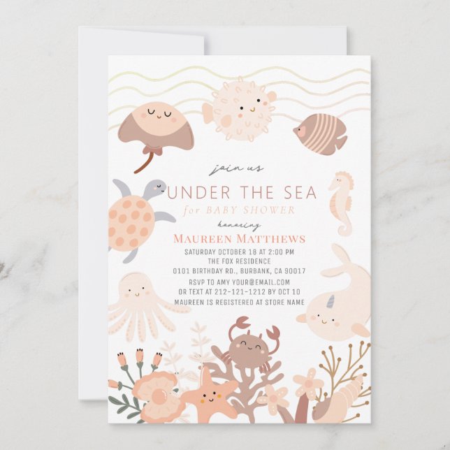Under the Sea Creatures Pink Boho Baby Shower Invitation (Front)