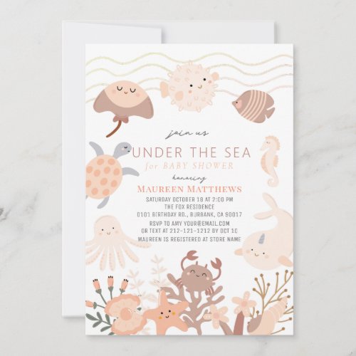 Under the Sea Creatures Pink Boho Baby Shower Invitation