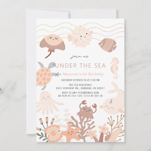Under the Sea Creatures Pink Girl Birthday Invitation