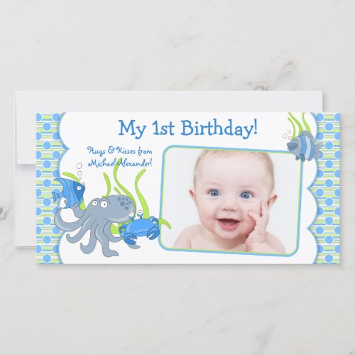 Under the Sea Critters Boy 1st Birthday Photocard Announcement