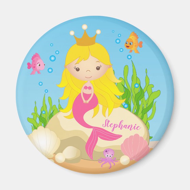 Under the Sea Cute Blond Mermaid Custom Name Magnet (Front)
