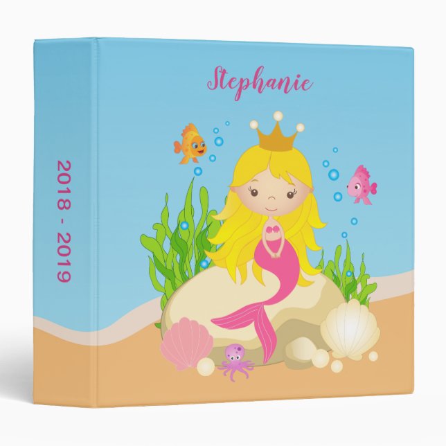 Under the Sea Cute Blonde Mermaid Custom Name 3 Ring Binder (Front/Spine)