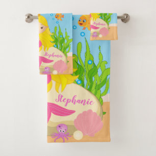 Under the Sea Cute Blonde Mermaid Custom Name Bath Towel Set