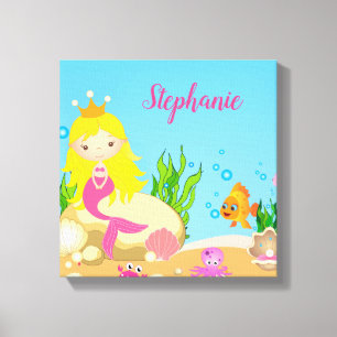 Under the Sea Cute Blonde Mermaid Custom Name Canvas Print