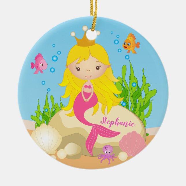 Under the Sea Cute Blonde Mermaid Custom Name Ceramic Ornament (Front)
