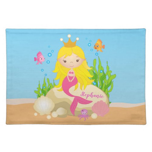 Under the Sea Cute Blonde Mermaid Custom Name Cloth Placemat