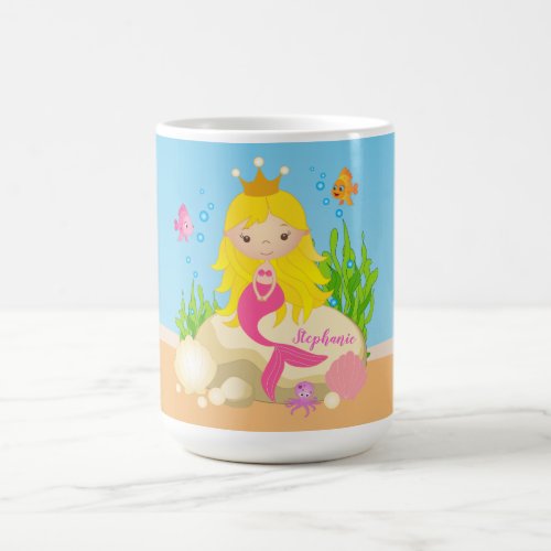 Under the Sea Cute Blonde Mermaid Custom Name Coffee Mug