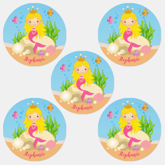 Under the Sea Cute Blonde Mermaid Custom Name Kids' Labels (Group)