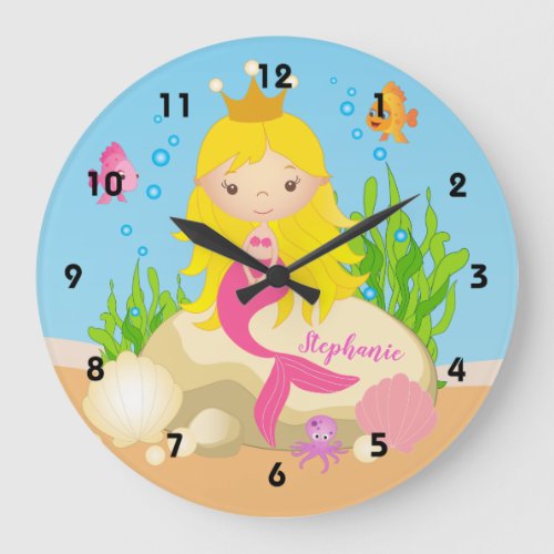 Under the Sea Cute Blonde Mermaid Custom Name Large Clock