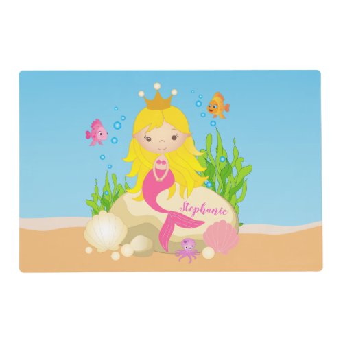 Under the Sea Cute Blonde Mermaid Custom Name Placemat