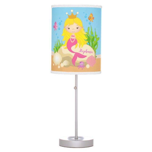 Under the Sea Cute Blonde Mermaid Custom Name Table Lamp (Front)