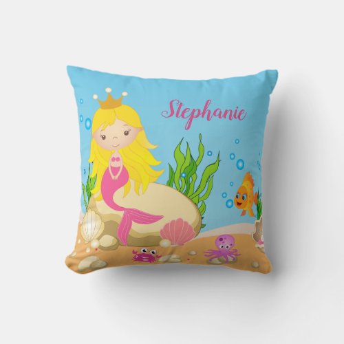 Under the Sea Cute Blonde Mermaid Custom Name Throw Pillow