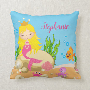 Under the Sea Cute Blonde Mermaid Custom Name Throw Pillow
