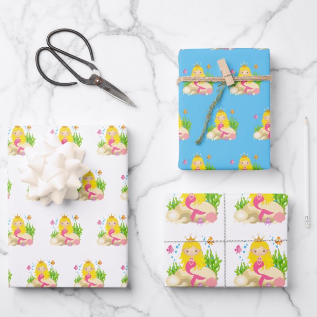 Under the Sea Cute Blonde Mermaid Custom Name Wrapping Paper Sheets (Front)
