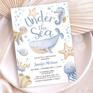 Under The Sea! Cute Blue Boy Baby Shower Invitation
