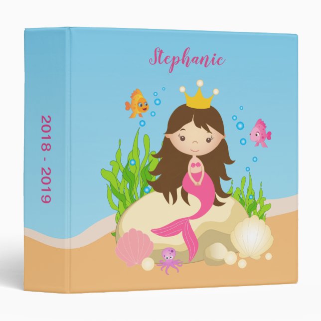 Under the Sea Cute Brunette Mermaid Custom Name 3 Ring Binder (Front/Spine)