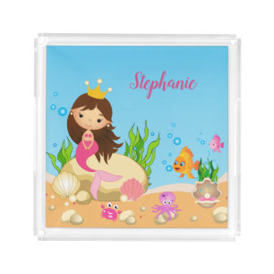 Under the Sea Cute Brunette Mermaid Custom Name Acrylic Tray