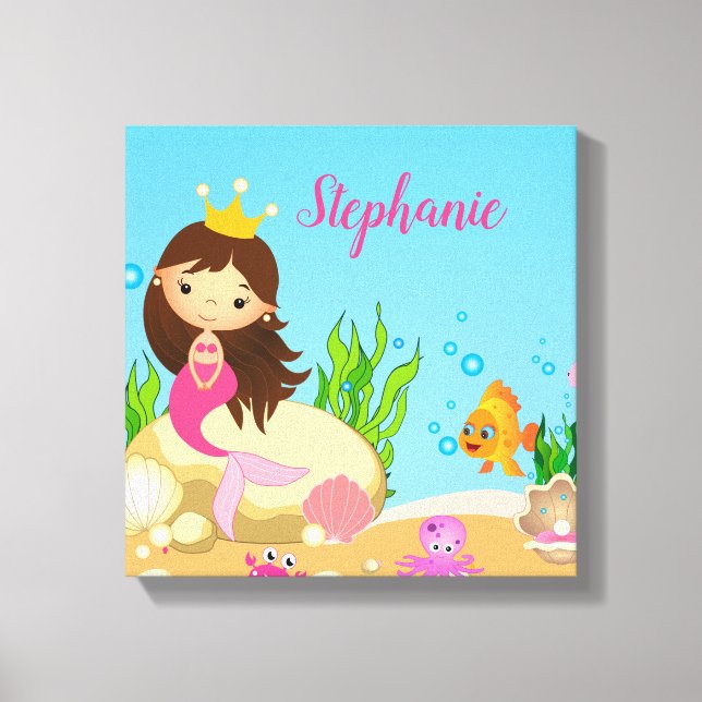 Under the Sea Cute Brunette Mermaid Custom Name Canvas Print (Front)