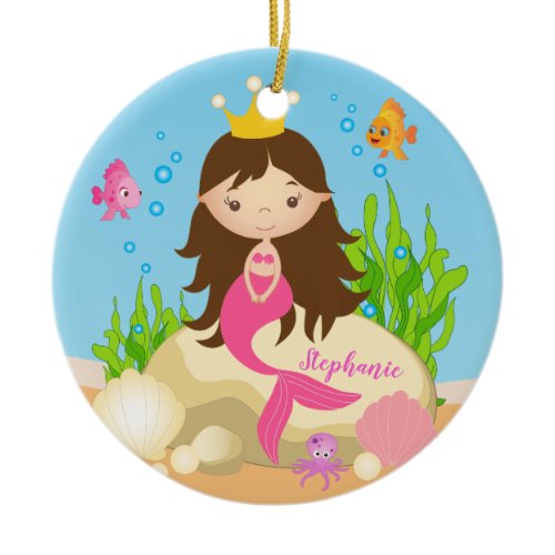Under the Sea Cute Brunette Mermaid Custom Name Ceramic Ornament