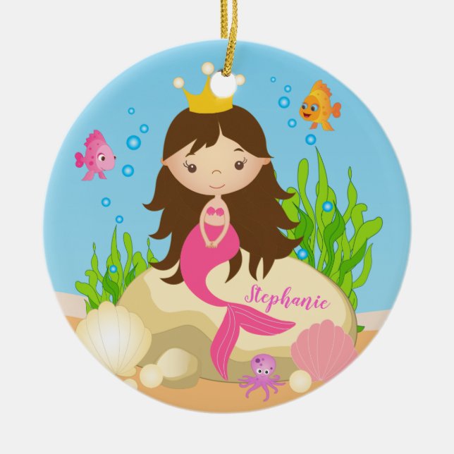Under the Sea Cute Brunette Mermaid Custom Name Ceramic Ornament (Front)