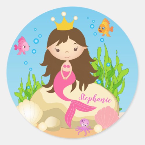 Under the Sea Cute Brunette Mermaid Custom Name Classic Round Sticker