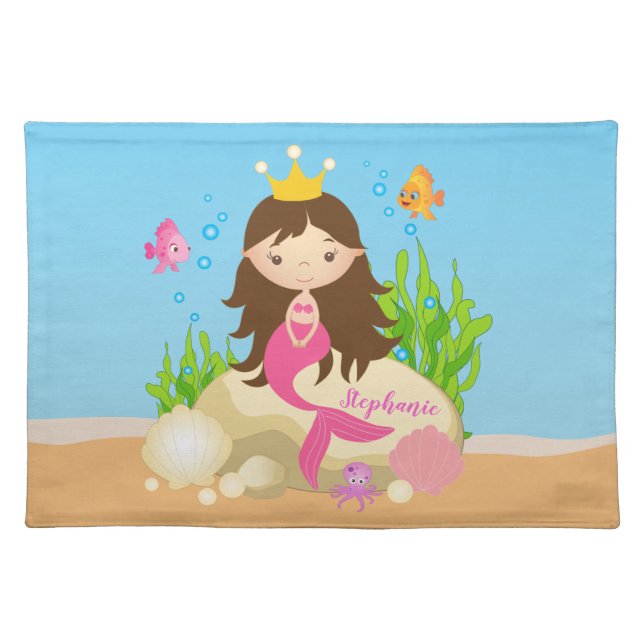 Under the Sea Cute Brunette Mermaid Custom Name Cloth Placemat (Front)