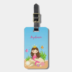 Under the Sea Cute Brunette Mermaid Custom Name Luggage Tag