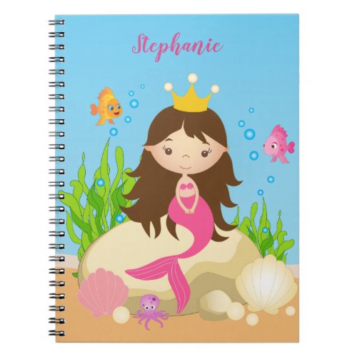 Under the Sea Cute Brunette Mermaid Custom Name Notebook