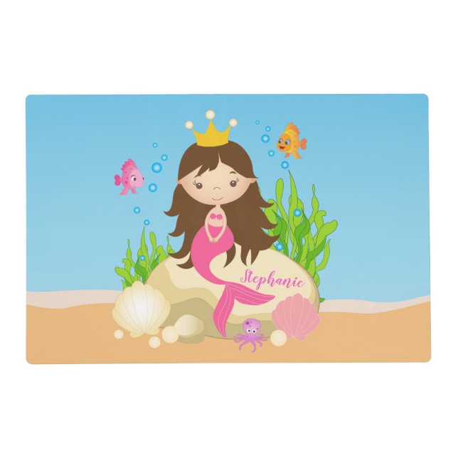 Under the Sea Cute Brunette Mermaid Custom Name Placemat (Front)