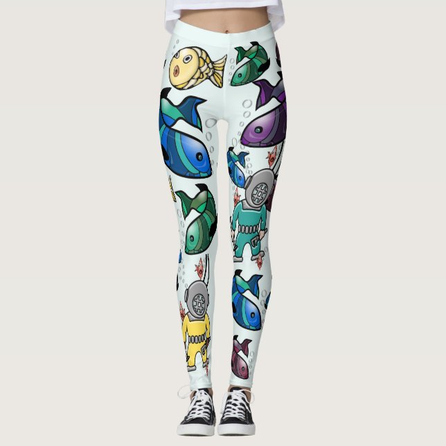 Under The Sea - Cute Colorful Fish and Divers Leggings (Front)