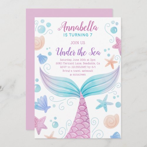 Under the Sea Cute Girl Mermaid Birthday Invitation