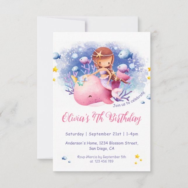 Under the Sea, Cute Mermaid Birthday Invitation (Front)