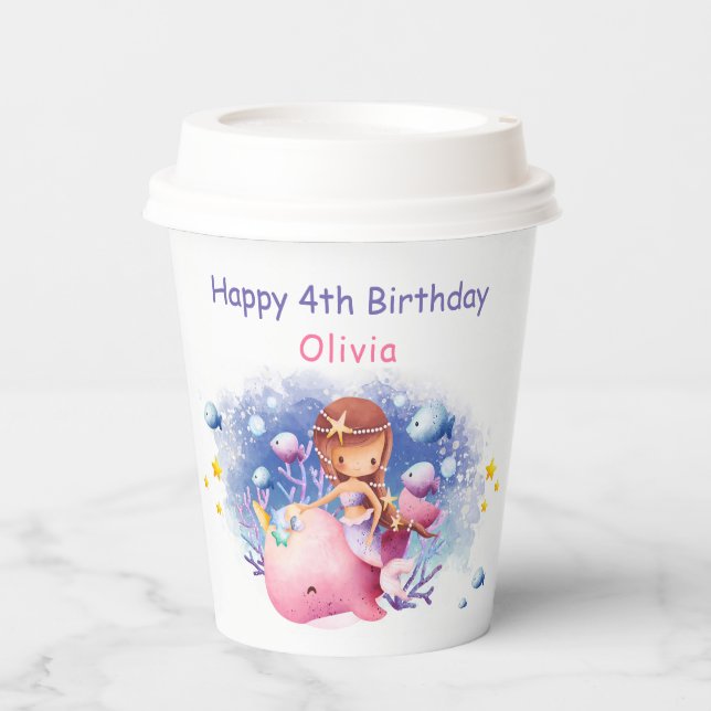 Under the Sea, Cute Mermaid Birthday Paper Cups (Front)
