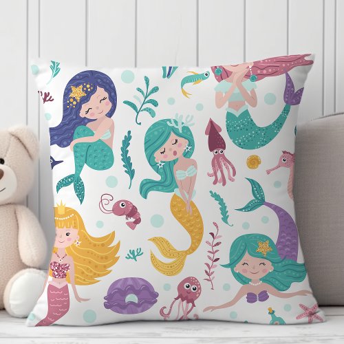 Under The Sea Cute Mermaid Pattern Throw Pillow