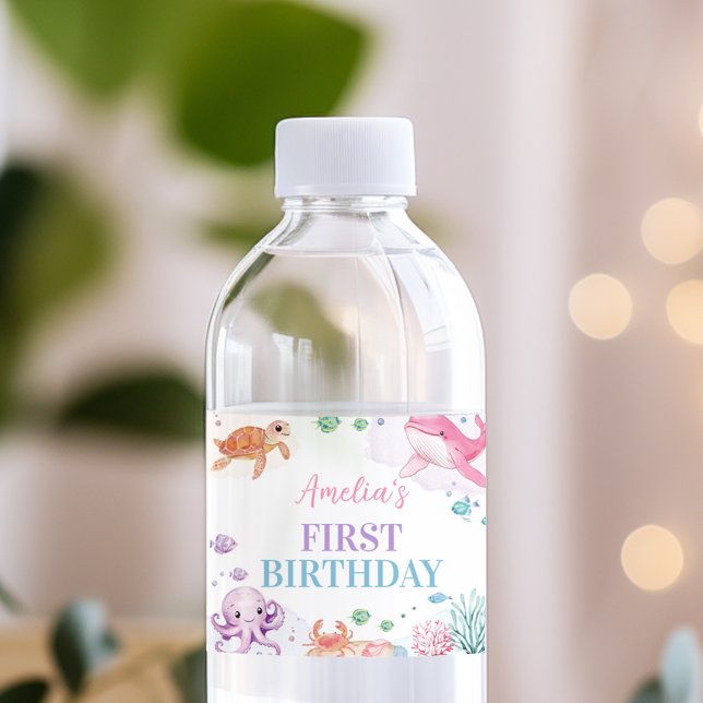 Under the Sea Cute Ocean Animals Birthday Water Bottle Label (Creator Uploaded)
