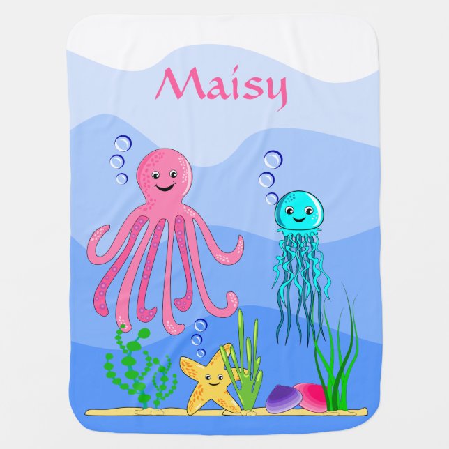 Under the Sea Cute Sea Animals Baby Blanket (Front)