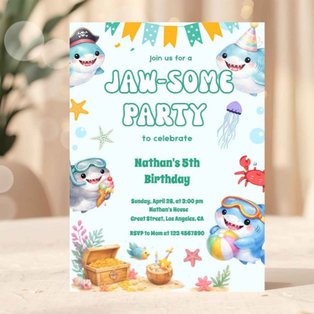 Under the Sea Cute Shark Birthday Boy Invitation (shark birthday invitation, under the sea invite, ocean birthday party, shark party invite, kids birt)