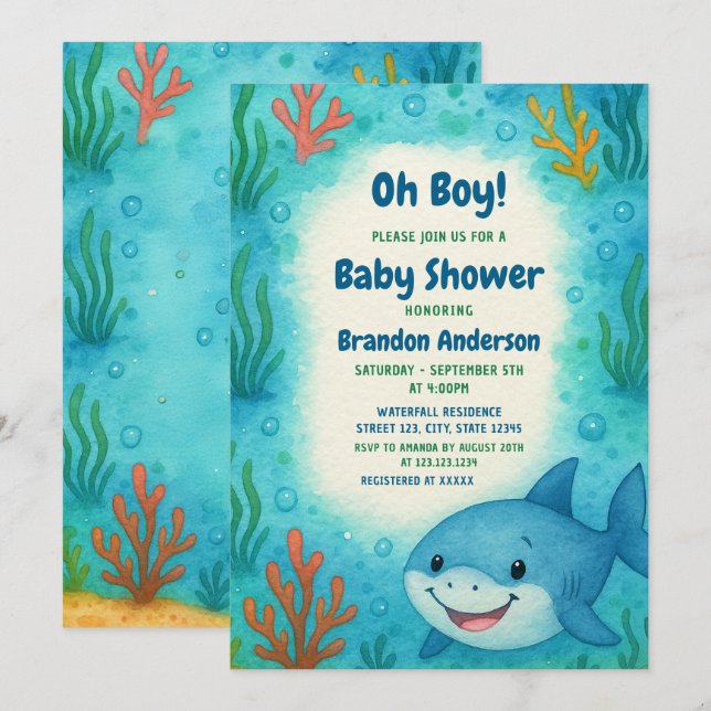 Under the Sea Cute Shark Boy Baby Shower Invitation (Front/Back)