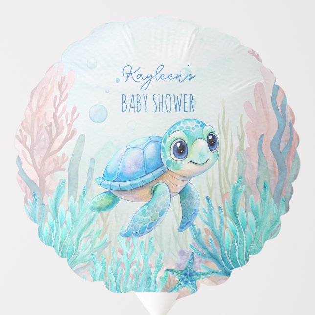 Under the sea cute turtle aqua blue baby shower balloon (Front)