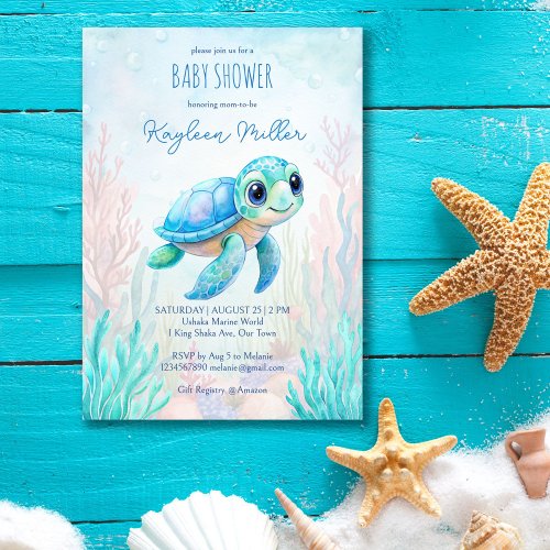 Under the sea cute turtle aqua blue baby shower invitation