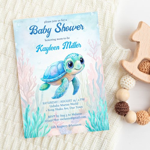 Under the sea cute turtle aqua blue baby shower invitation