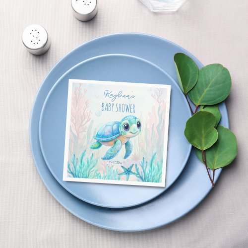 Under the sea cute turtle aqua blue baby shower napkins