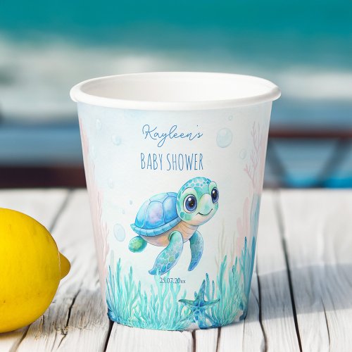 Under the sea cute turtle aqua blue baby shower paper cups