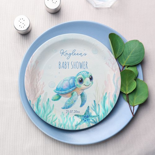 Under the sea cute turtle aqua blue baby shower paper plates