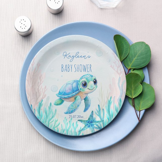 Under the sea cute turtle aqua blue baby shower paper plates (Under the sea cute baby sea turtle aqua blue boy baby shower printed paper plates personalized decor)